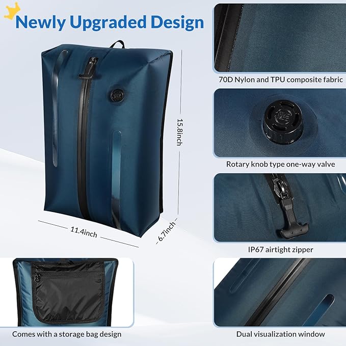 Reusable TPU Travel Vacuum Compression Bags - Waterproof Space Saver Bags for Luggage, Suitcase, Backpack, Storage Organizer (2 Pack, Blue)