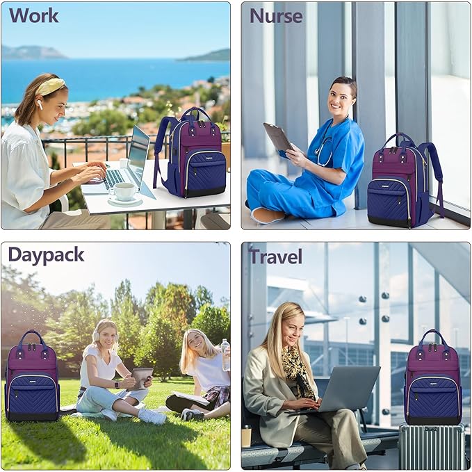 Laptop Backpack for Women Work Bag - 15.6 inch Travel Backpack Purse with USB Charger College Bookbag Waterproof Cute Casual Daypack Fashion Business Computer Backpacks for Teacher Nurse Purple Blue
