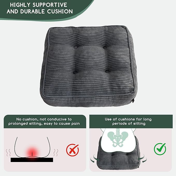 HIGOGOGO Tufted Corduroy Recliner Seat Cushion for Elderly, 20x20x6 Inch Extra Large Square Seat Cushion for Recliner Chair, Floor Pillow, Office Chair, Car, No Pressure on Thighs, Dark Grey