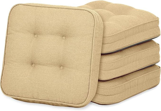 GOFORIT Memory Foam Cushion，Square Seat Cushions for Dining Chairs,Non-Slip Chair Pads with Removable Cover, 16'' x 16'', 4 Pack,Khaki