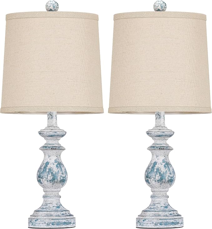 Traditional Table Lamp Set of 2, Rustic Farmhouse Table Lamps for Living Room Bedroom, 22" Bedside Desk Lamps Vintage Nightstand Lamps with Linen Shades, Washed Blue