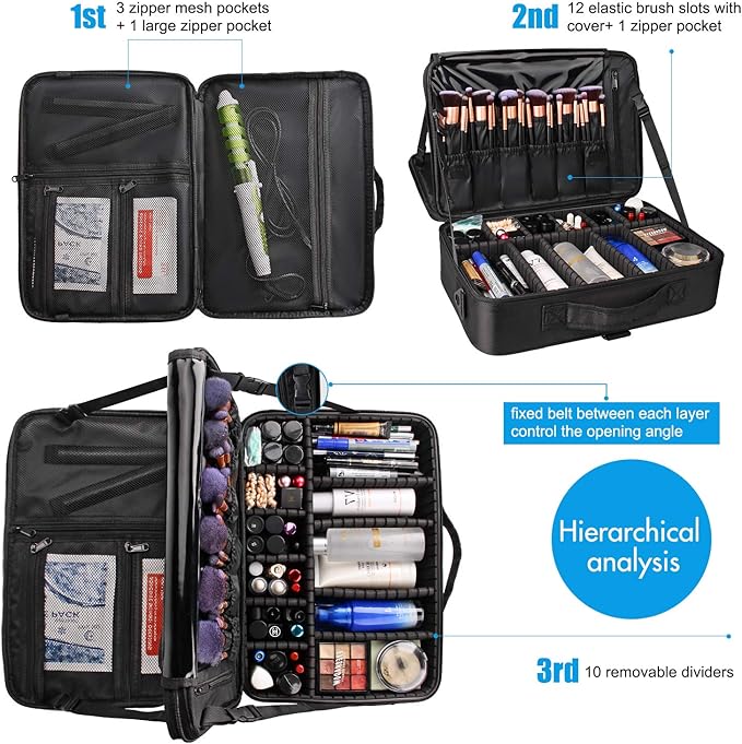 Relavel Travel Makeup Train Case Cosmetic Case Organizer Portable Artist Storage Bag with Adjustable Dividers for Cosmetics Makeup Brushes Toiletry Jewelry Digital Accessories