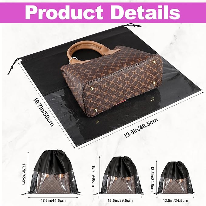 12 Pcs Shoe Bags for Travel, Dust Bags for Handbags, Dustproof Drawstring Bags in 4 Size, Breathable Non Woven Fabric Storage Bag for Handbags Shoes Purses, Black