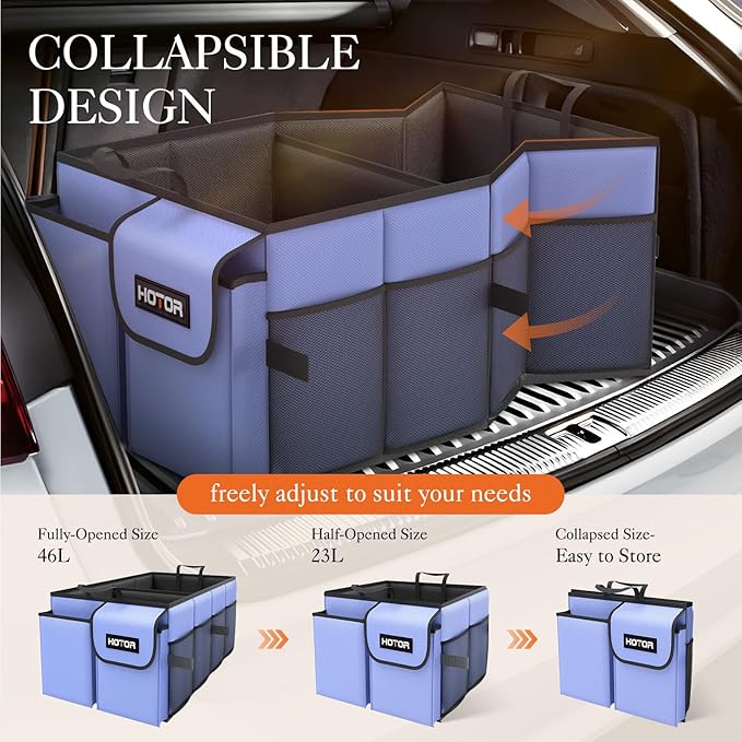 HOTOR Large-Capacity Trunk Organizer - Foldable for SUVs & Sedans, Sturdy Organization for Car Accessories, Tools, Sundries, Blue, 2 Compartments, US11032 | Foldable, Sturdy Organization, for Car Accessories, Tools, Sundries, US11032
