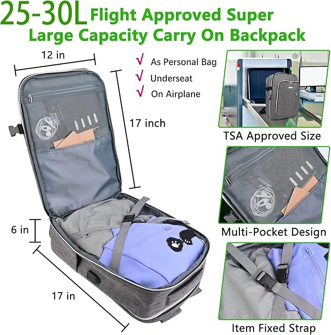 Personal Item Travel Carry On Luggage Backpack for Women Men Flight Approved Casual Weekender Laptop Bag for College Business Outdoors Hiking Water Resistant Lightweight Daypack with USB Charging Port