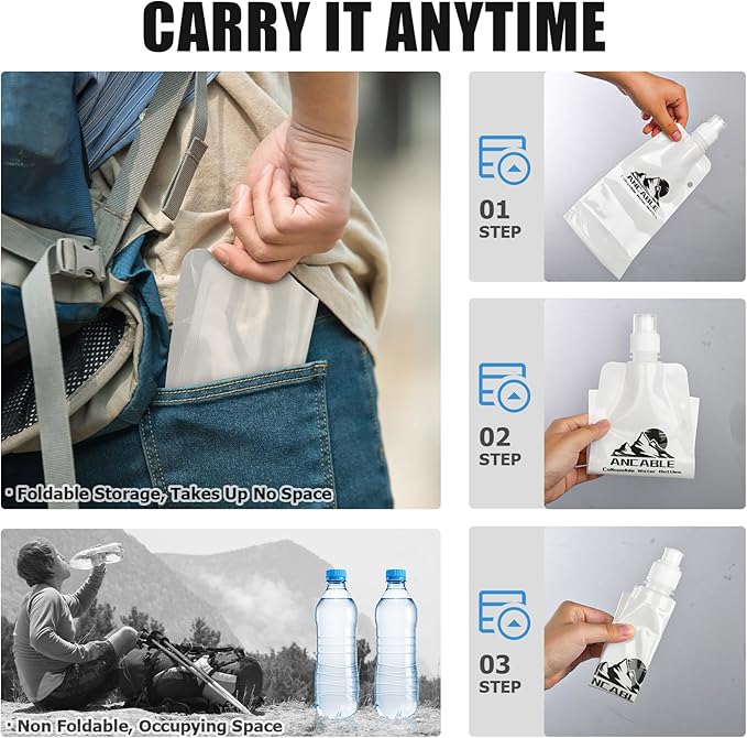 Ancable 17oz Collapsible Water Bottles, 3-Pack Reusable Travel Foldable Water Bottles for Hiking Camping Running Bike, BPA-Free Water Bottle, White