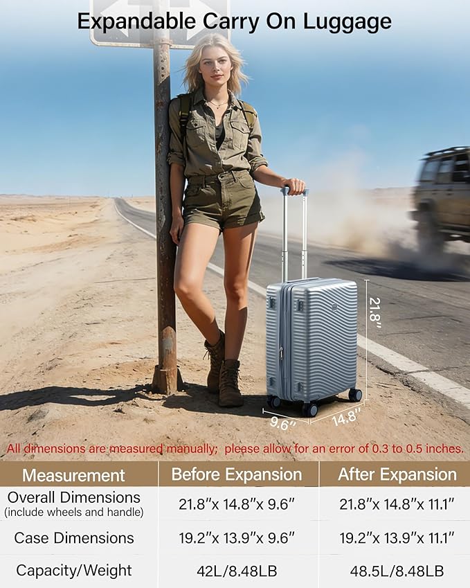 MILADA Expandable Carry On Luggage 20 Inch - Airline Approved Hardshell Suitcase with 8 Spinner Wheels, TSA Lock, Water-Resistant PC Shell, Lightweight & Durable for Travel, Arctic Silver
