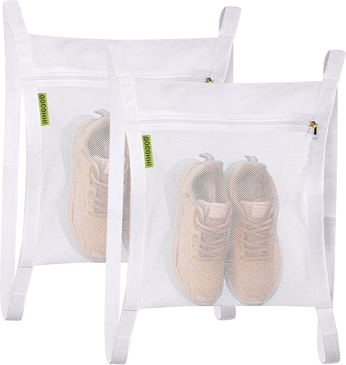 Sneaker Wash & Dry Net Bag for Dryer, 15.7x13.8 Inch Large HoneyComber Mesh Bags with Zipper and Strap for Shoes, Clothing, Laundry Reused Bag Tool (2 Pcs White)