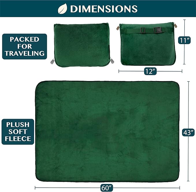 PAVILIA Travel Blanket Pillow, Soft Airplane Blanket 2-in-1 Combo Set, Plane Blanket Compact Packable, Flight Essentials Car Pillow, Travelers Gifts Accessories, Luggage Backpack Strap, 60x43 Green