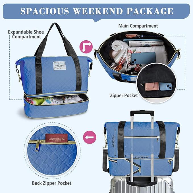 Geestock Travel Duffel Bag, Weekender Bags for Women, Carry on Overnight Bag with Shoe Compartment & Trolley Sleeve, Personal Item Travel Bags with Storage Pouch for Travel, Yoga, Gym, Hospital, Blue