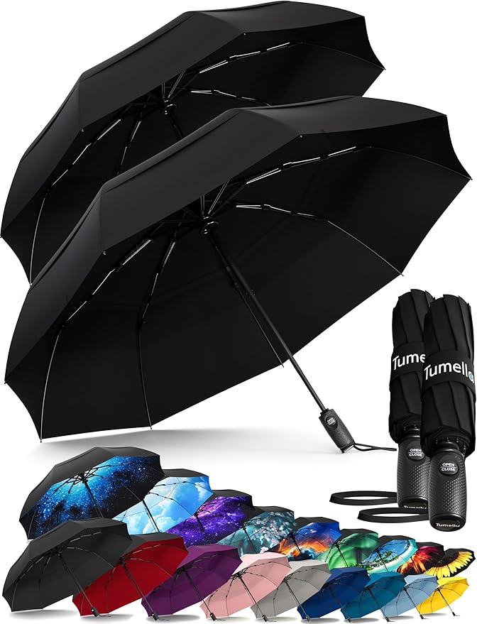 TUMELLA Strongest Windproof Travel Umbrella (Compact, Superior & Beautiful), Small, Wind-Tested, Light & Portable, Automatic Folding Rain Umbrella, Durable Premium Grip, Fits Car and Backpack