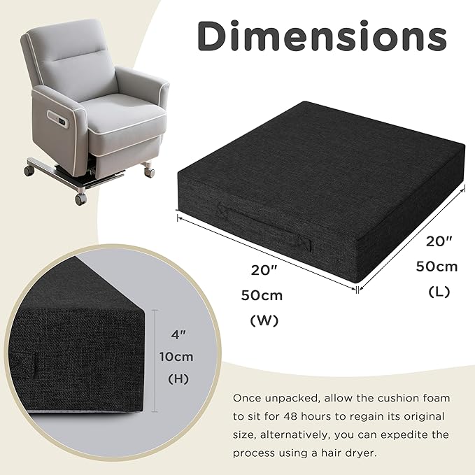 AddGrace Recliner Cushions for Elderly Thick Seat Cushion 20"x20"x4" Chair Pads with Non Slip Backing and Washable Cover for Couch Armchair Chairs Black