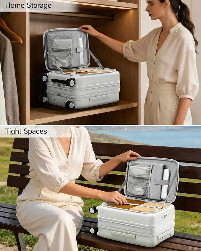 Hanke 20 Inch Expandable Carry On Luggage with Cup Holder 22x14x9 Airline Approved, Top Opening Hard Shell Suitcases with Wheels, Carry-On Travel Suitcase Trunk Luggage with Lock, Smoke White
