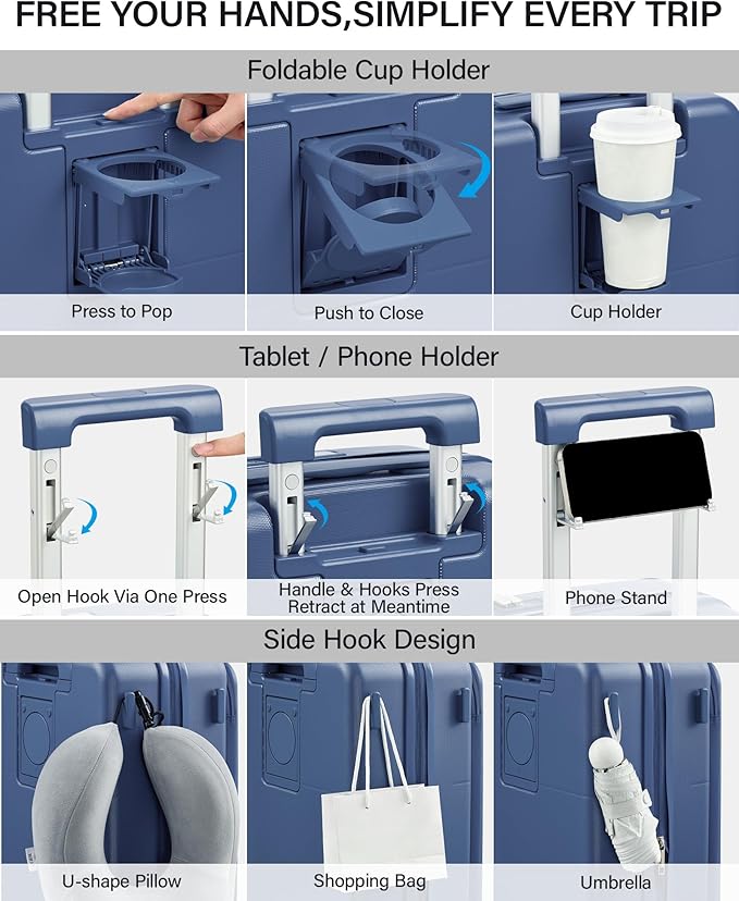 Hanke 20 Inch Expandable Carry On Luggage with Cup Holder 22x14x9 Airline Approved, Top Opening Hard Shell Suitcases with Wheels, Carry-On Travel Suitcase Trunk Luggage with Lock, Interstellar Blue