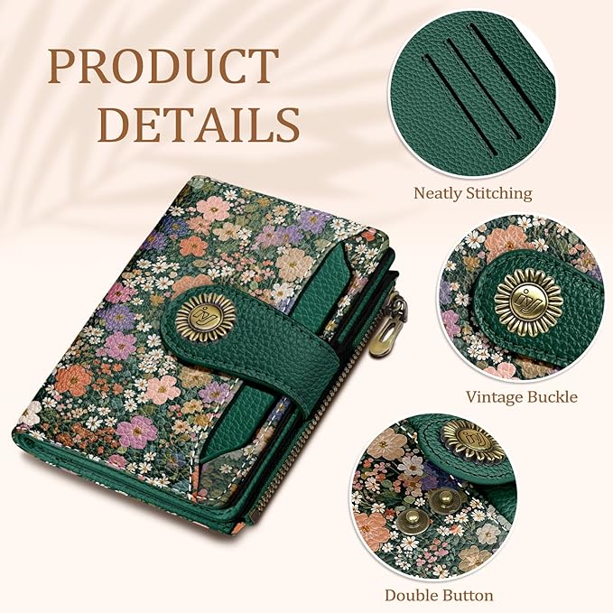 Icycay Floral Flowers Small Wallet Women RFID Blocking Bifold, Credit Card Holder, Zipper Coin Pocket, PU Leather, Compact, Travel, 4 ID Window, 14 Card Slots, Cash Purse, Ladies Woman Female Girls