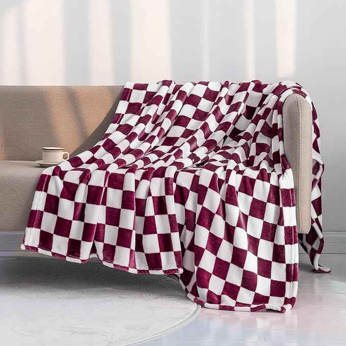 LOMAO Throw Blankets Flannel Blanket with Checkerboard Grid Pattern Soft Throw Blanket for Couch, Bed, Sofa Luxurious Warm and Cozy for All Seasons (Burgundy, 40"x60")