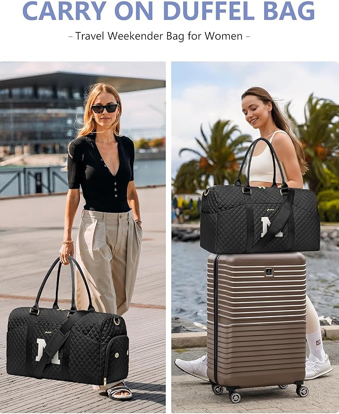 Women Weekender Travel Duffle Bag: Initial Duffel Overnight Bags with Shoe Compartment Large Carry on Tote with Toiletry Bag Weekend Traveling Yoga Gym Hospital Bag for Women with Wet Pocket Letter M