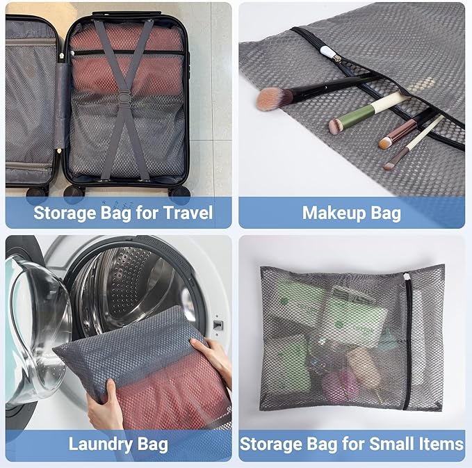 3Pcs 16 x 20 Inches Laundry Bags for Delicates, Durable Honeycomb Mesh Laundry Bags, Sturdy Zipper Laundry Bag for Lingerie, Clothes, Shoes, Socks, Gray