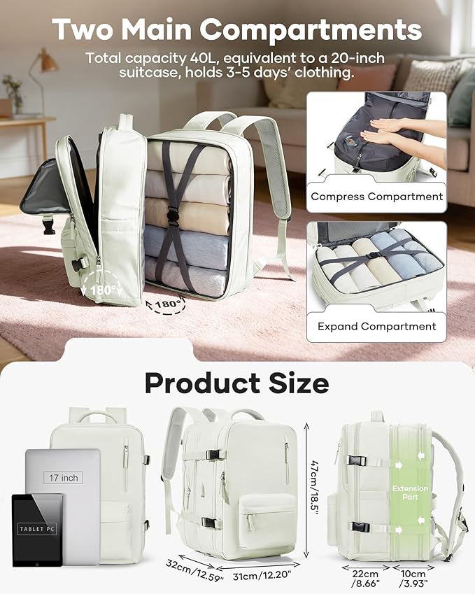 VECAVE Vacuum Backpack Travel with Pump, Expandable Personal Item Carry on Backpacks for Women Men, Laptop Waterproof Work Compression bags with USB Casual Daypack White