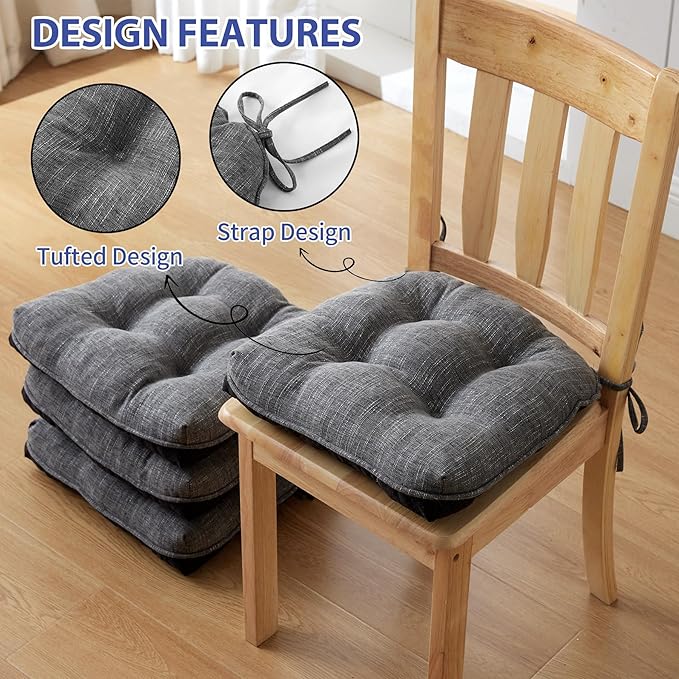 Chair Cushions for Dining Chairs Set of 4, Kitchen Chair Cushions, Chair Pads with Ties and Non Slip Backing, Tufted Memory Foam Seat Cushion 4 Pack, 18" x 18" x 4", Dark Gray