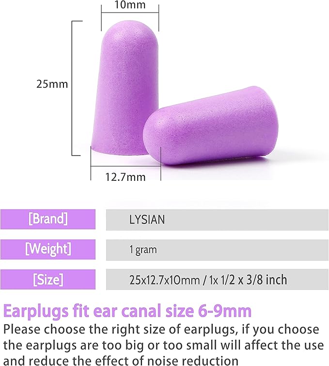 LYSIAN Ultra Soft Foam Earplugs Sleep - 38dB SNR Noise Cancelling Ear Plugs for Sleeping, Shooting, Snoring, Work Loud Sound Reduction- 60 Pairs Valued Pack,Purple