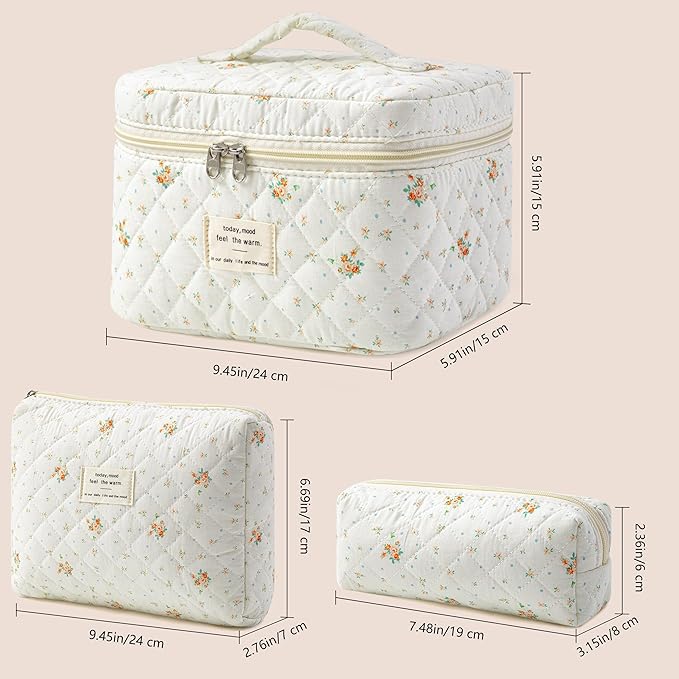 HBselect Quilted Makeup Bag, 3PCS Cotton Large Travel Makeup Bag, Cute Floral Coquette Make up Bag Cosmetic Bag Toiletry Bag for Women Girls