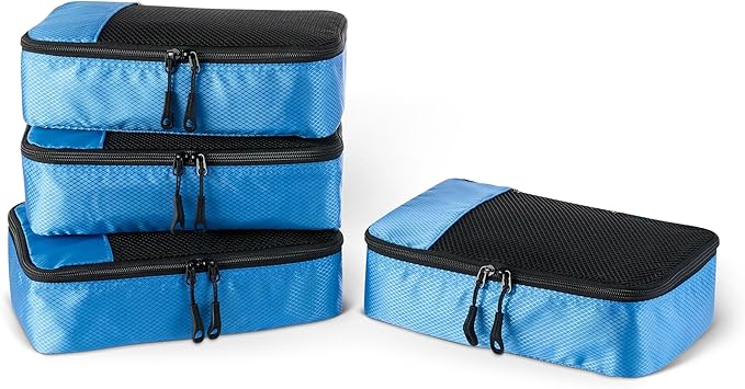 Amazon Essentials 4-Piece Space-Saving Packing Cubes Travel Accessories Set, Suitcase Organizer with Double Zipper, Mesh Top, Small, Sky Blue (Previously Amazon Basics)