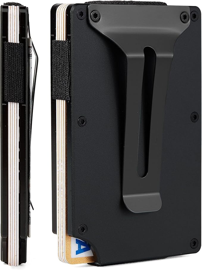 Minimalist Carbon Fiber Wallet for Men, Money Clip Cash Strap Wallet, RFID Blocking Metal Wallet Aluminum Card Holder,Front Pocket Wallet(Matt Black)