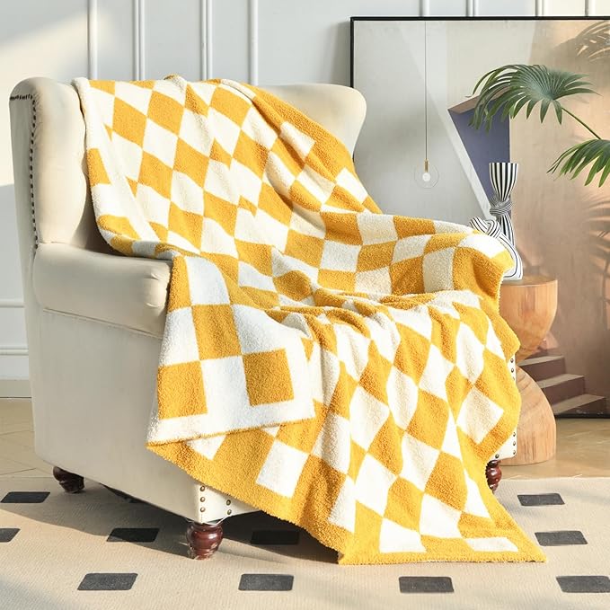 Checkered Blanket, Cozy Soft Throw Blankets for Couch Bed, Fluffy Plaid Lightweight Comfy Travel Picnic Blanket Gifts for Sofa Chair Living Room Camping (Yellow, Throw 50"x60")