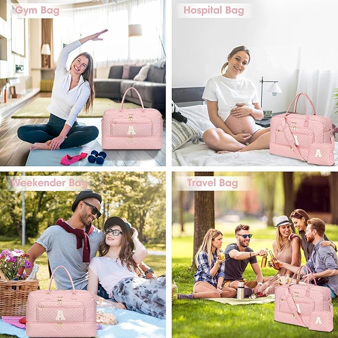 Initial Travel Duffle Bag for Women - Pink Personalized Weekender bags Overnight Bag with Shoe Compartment & Wet Pocket Weekend Tote Bags with Toiletry Bag Monogram Christmas Gifts (Letter A)
