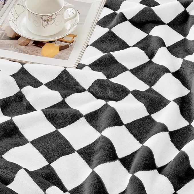 Checkered Blanket Flannel Throw Blankets Soft Cozy Checkered Grid Print Chessboard Gingham Pattern Throws for Bed Sofa Couch for All Seasons, 60x80 Inch, Black