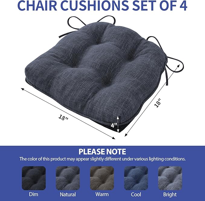 Chair Cushions for Dining Chairs Set of 4, Kitchen Chair Cushions, Chair Pads with Ties and Non Slip Backing, Tufted Memory Foam Seat Cushion 4 Pack, 18" x 18" x 4", Navy Blue