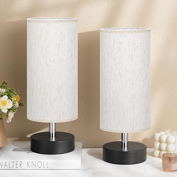 Table Lamps Set of 2（Cream Shade - Black Base, 11.6" Inline Control） | Bulb not Included | Small Lamps for Bedroom | Desk Lamp for Reading | for Living Room | for Dorm | Linen Shade