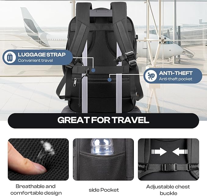 Roomy Travel Backpack, Expandable 40L-50L Carry On Backpack For 17.3" Laptop,TSA Flight Approved Business Travel Backpack w/ Multiple Organizer Pockets for Work,Overnight Trip,College &Daily Commuting