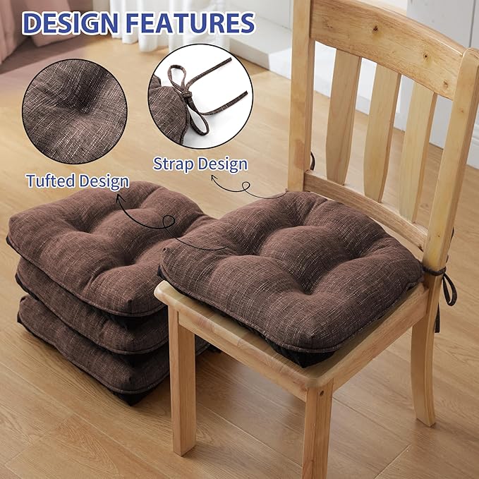 Chair Cushions for Dining Chairs Set of 4, Kitchen Chair Cushions, Chair Pads with Ties and Non Slip Backing, Tufted Memory Foam Seat Cushion 4 Pack, 18" x 18" x 4", Brown