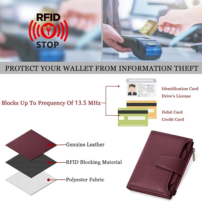 Airkit Small Wallet Women RFID Blocking Soft Leather Bifold Compact Card Holder Wallet for Women with Zipper Coin Pocket 4 ID Window