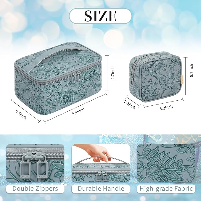 OCHEAL Makeup Bag Set, Portable Travel Makeup Bags Cosmetic Organizer Bag for Women Cute Floral Cosmetic Pouch Large Capacity Make up Bag PU Leather Toiletry Bags with Divider and Handle-Blue