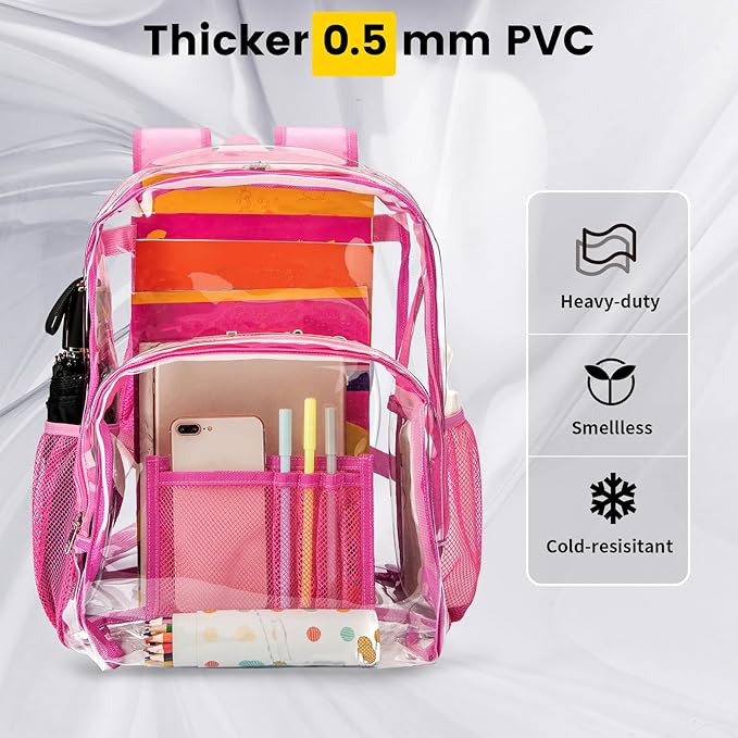 Vorspack Clear Backpack Heavy Duty PVC Transparent Backpack with Reinforced Strap Stitches & Large Capacity for College Workplace Security - Pink