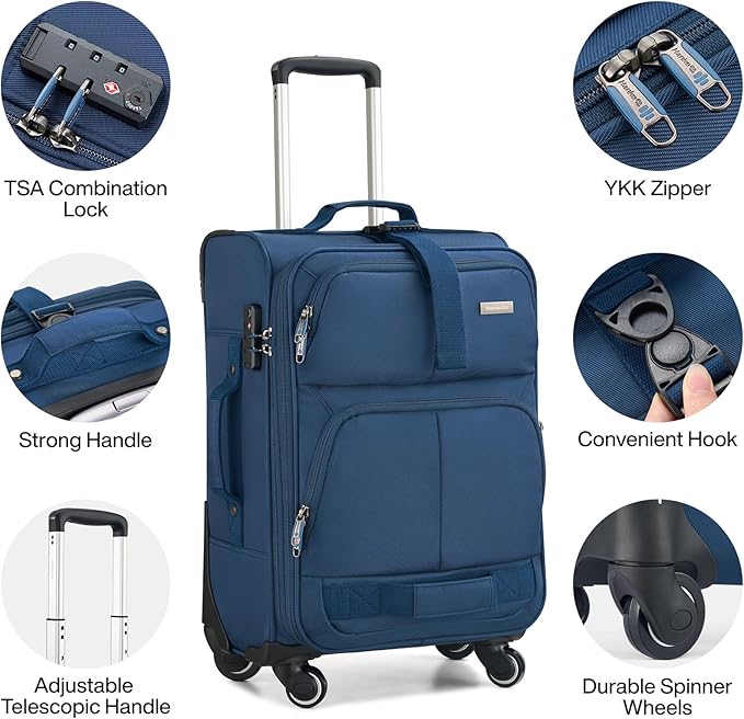 Hanke 24 inch Softside Expandable Luggage with Spinner Wheels, Medium Size Suitcase Checked Luggage Travel Luggage Rolling Suitcase,Blue