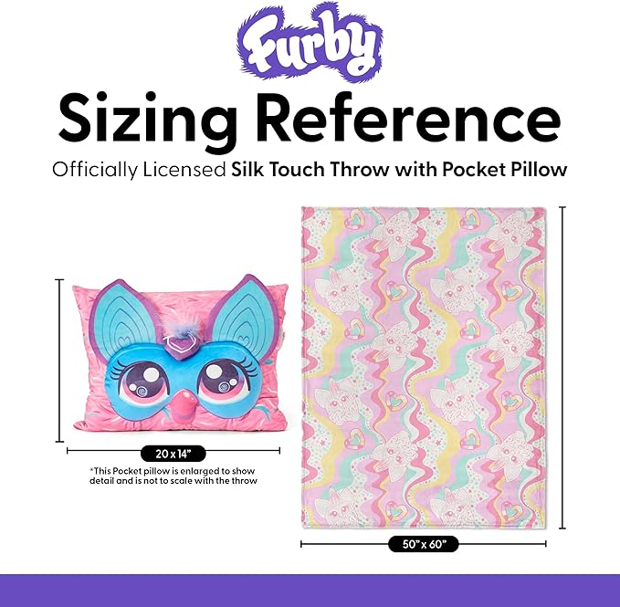 Northwest Furby Wavy Pink Furby Silk Touch Throw Blanket 50 x 60 Inches with Plush Pocket Pillow 14 x 20 Inches - Comfy & Cozy Blanket & Pillow Set for Boys and Girls