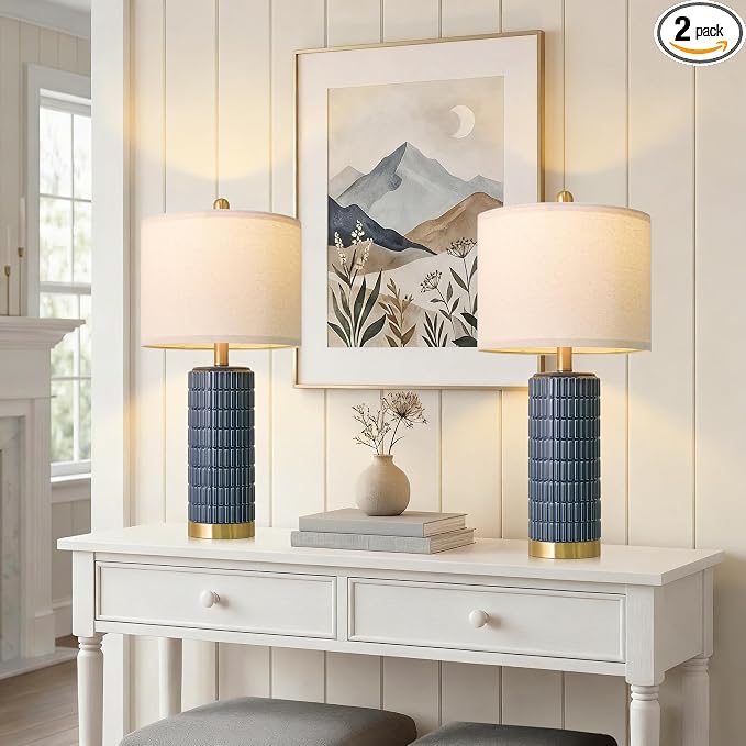 PoKat 25'' Blue Table Lamps for Bedroom Living Room Set of 2, Modern Ceramic Bedside Lamps with Gold Base for Office Sideboard Entryway Side End Table Nightstand Desk Lamps Home Gift (Dark Blue)
