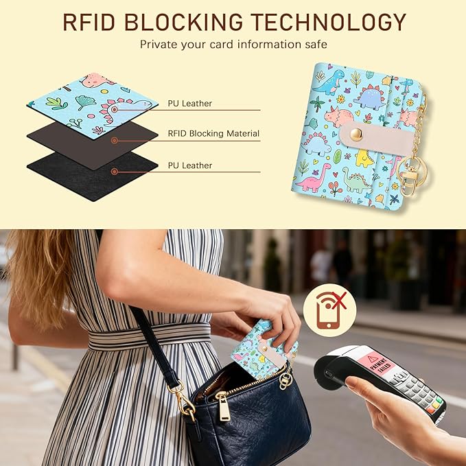 Jogjam Cute Dinosaur Rfid Girls Girly Teen Wallet, Small Slim Thin Compact Travel Credit Card Women Wallet, PU Leather Bifold Cash Zipper Coin Pocket ID Window for Female Ladies Gifts