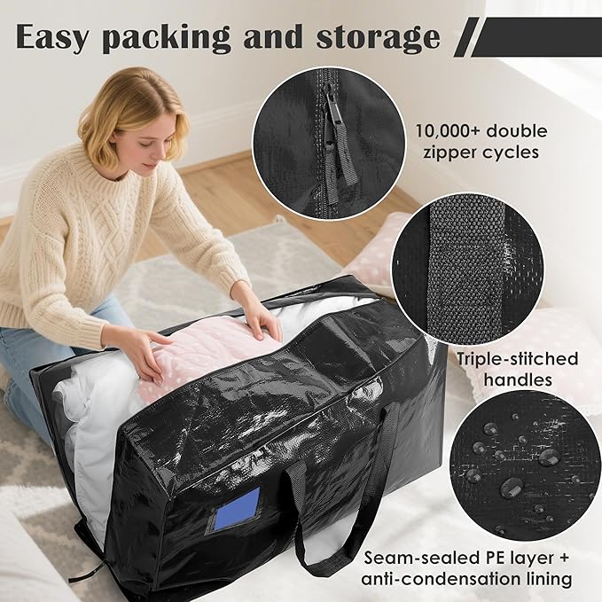 6 Pack Extra Large Heavy Duty Moving Bags with Reinforced Zipper & Wide Handles, Moisture-Resistant Storage Bins Packing Cubes for Clothes, College Dorm, Travel, and Home Organization, Black