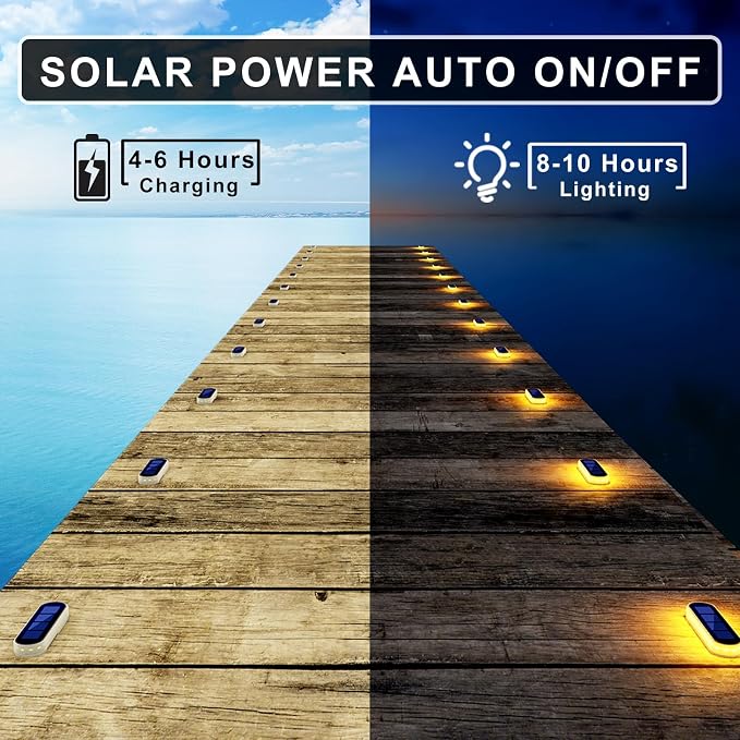 DetarZinLED Solar Step Lights Outdoor IP68 Waterproof 6 Pack Warm White Bar | Solar Powered, Stick on, Auto ON/OFF, Sturdy PC Shell, for Outside Stairs, Dock, Deck, Walkway, Path, Driveway, Porch, Patio