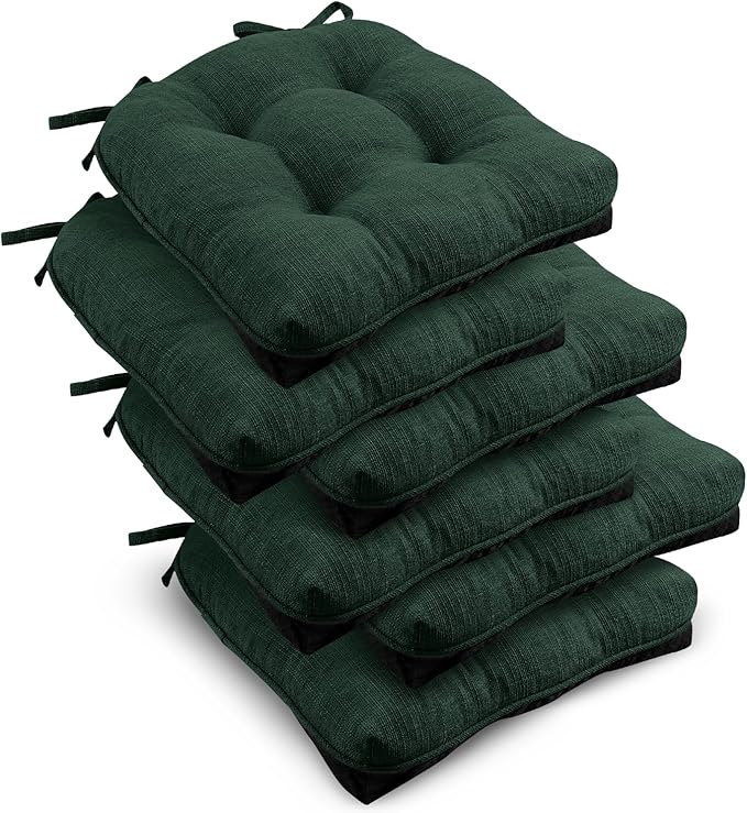 downluxe Indoor Chair Cushions for Dining Chairs, Tufted Overstuffed Textured Kitchen Chair Pads with Ties and Non-Slip Backing, 15.5" x 15.5" x 4", Dark Green, 6 Pack