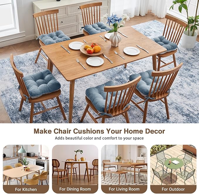 BETU Chair Cushions for Dining Chairs Set of 6,3.5" Thick Kitchen Table Chair Pads with Ties,Non Slip Backing and Covers, Seat Cushion for Dining Room,Bar,Patio Chairs,16"X16"X3.5",Smoky Blue