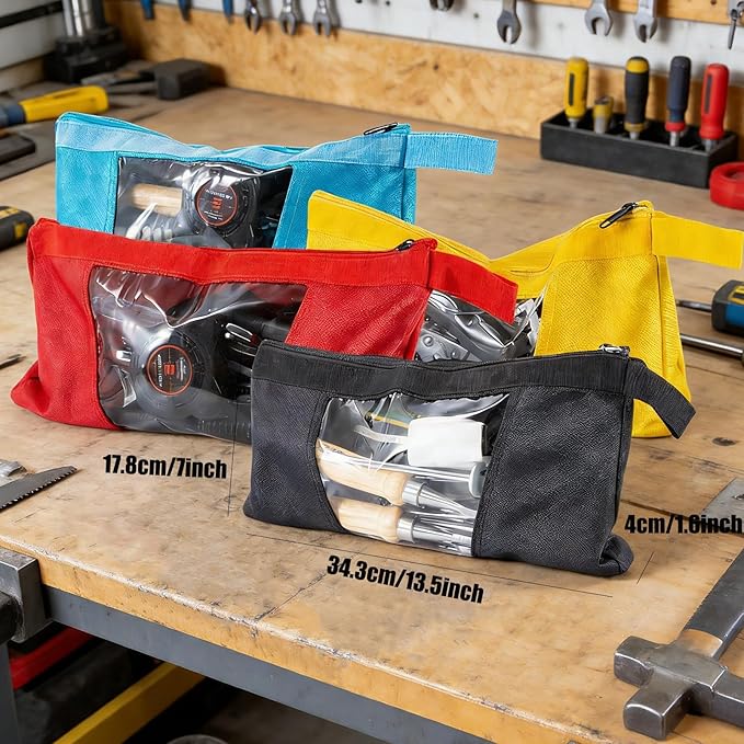 QCWN 4 Pack Tool Pouches with Zipper - 13.7" Heavy Duty 1680D Small Tool Bag with Clear Window - Waterproof Utility Storage Organizer for Electrician, HVAC, Mechanic (Red/Yellow/Blue/Black)