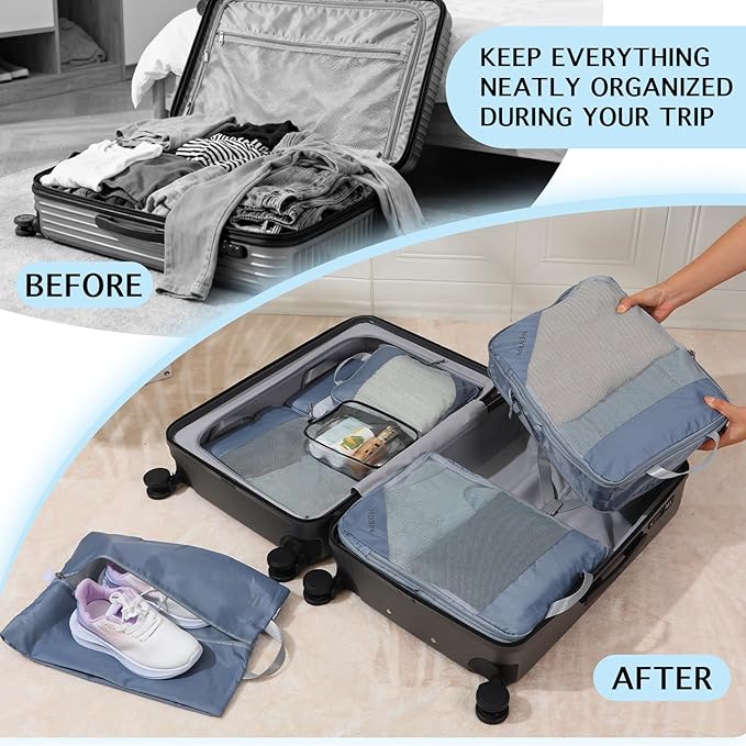 Lightweight Compression Packing Cubes for Suitcases, Compressible Expandable Travel Packing Organizer with Clear Toiletries and Backpack Bag, Travel Essentials for Carry on Luggage 7 Set