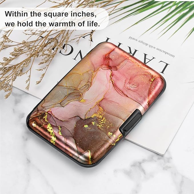 ELFISH Mini RFID Aluminum Wallet Credit Cards Holder Business Card Case Metal ID Case for Men Women（Pink Grey Marble