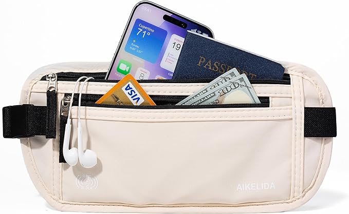 Money Belt - Slim Passport Holder RFID Blocking Travel Wallet Undercover Fanny Packs for Men Women - Beige